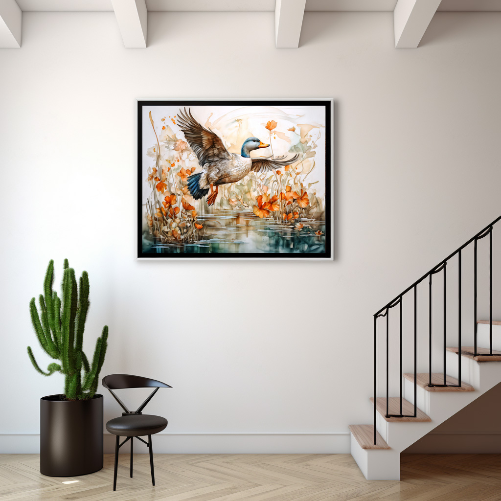 Poster: Mallard flying above pond with flowers - immagine 2