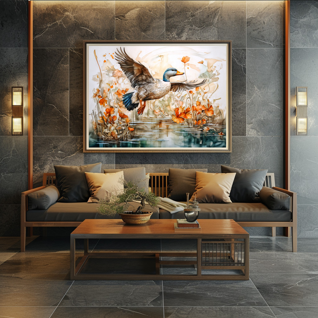 Poster: Mallard flying above pond with flowers