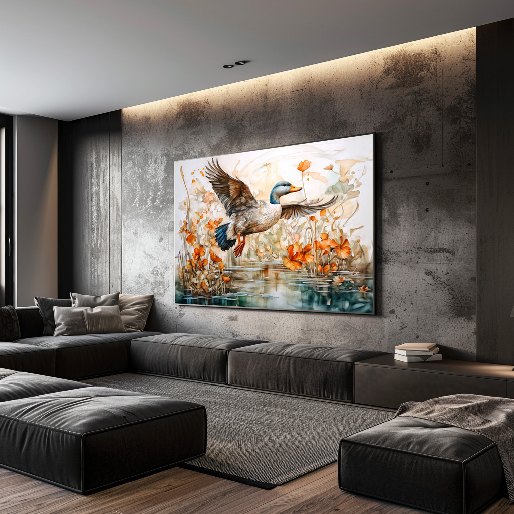 Poster: Mallard flying above pond with flowers - immagine 3