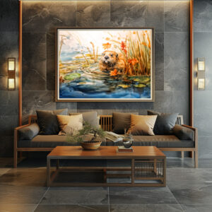 Poster: Beaver sitting by pond among reeds