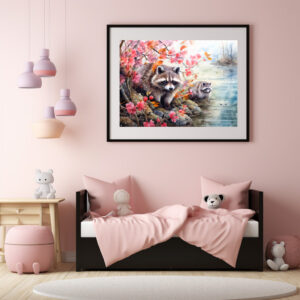 Poster: Raccoons  near autumn pond scene