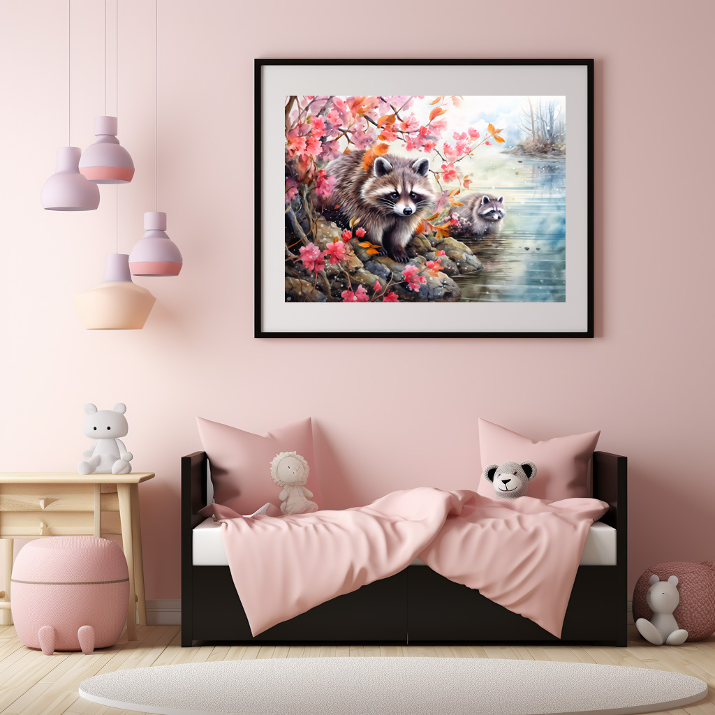Poster: Raccoons near autumn pond scene