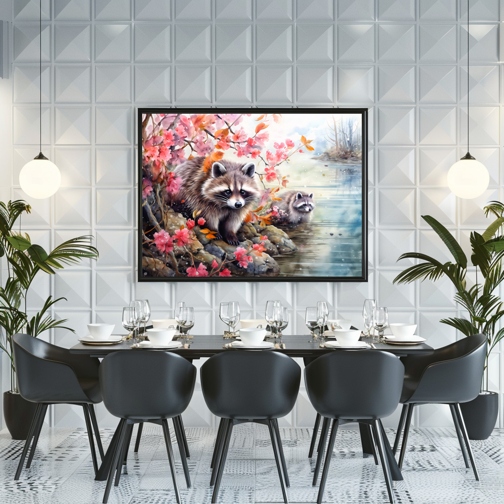 Poster: Raccoons near autumn pond scene – Bild 2
