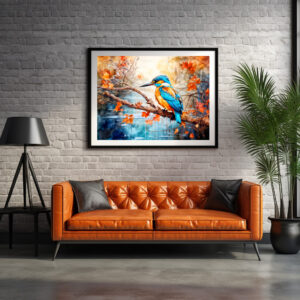 Poster: Kingfisher above pond in painterly style