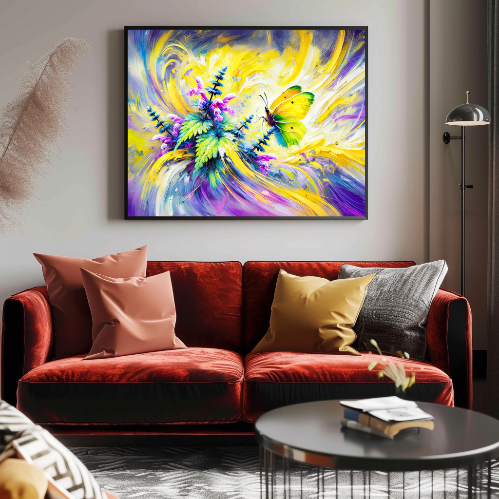 Poster: Brimstone Butterfly with Dead Nettle Flowers in Oil Painting