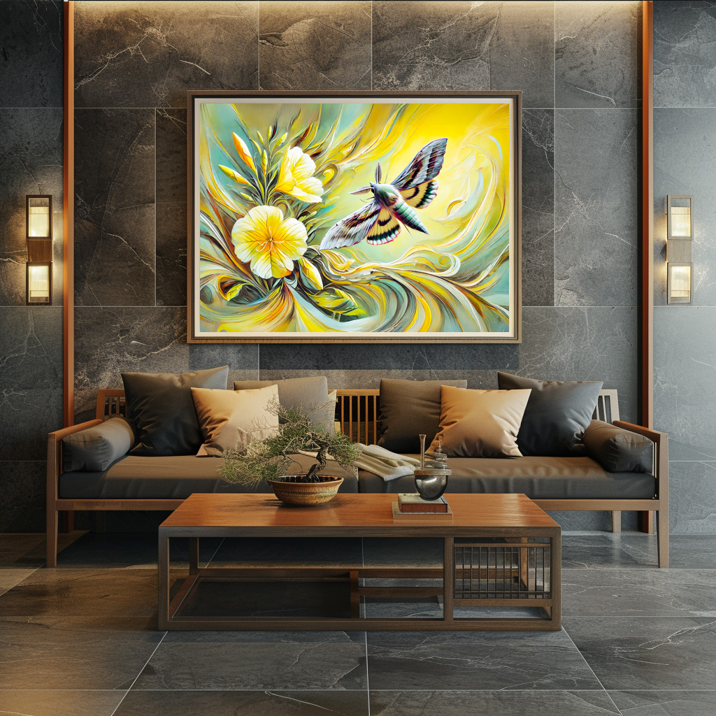 Poster: Silver Y Moth with Evening Primrose in Oil Painting - immagine 2