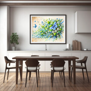 Poster: Blue Butterfly with Forget-Me-Not Flowers in Oil Painting