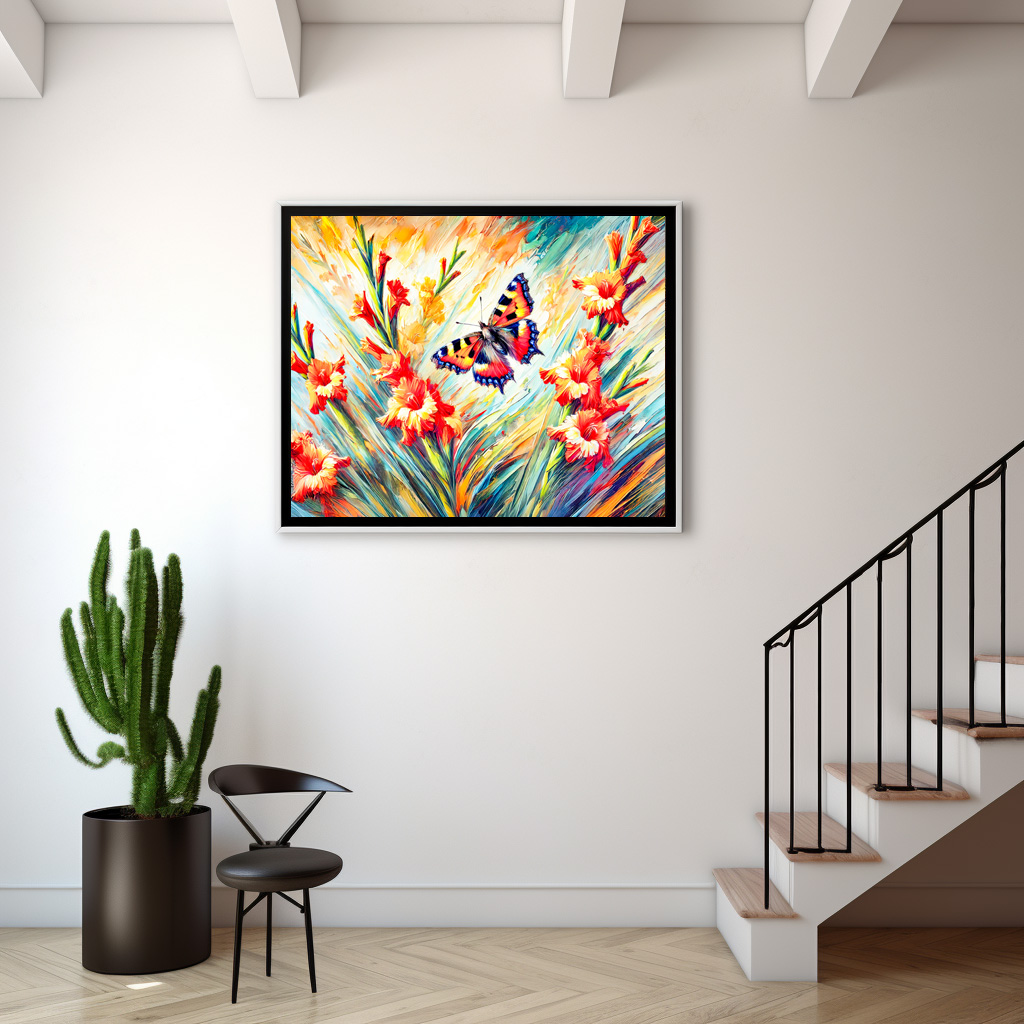 Poster: Small Tortoiseshell Butterfly with Gladiolus in Oil Painting