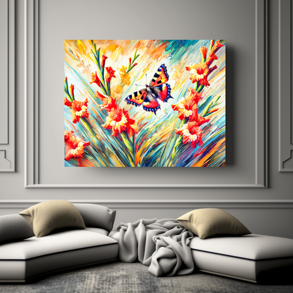 Poster: Small Tortoiseshell Butterfly with Gladiolus in Oil Painting - immagine 2