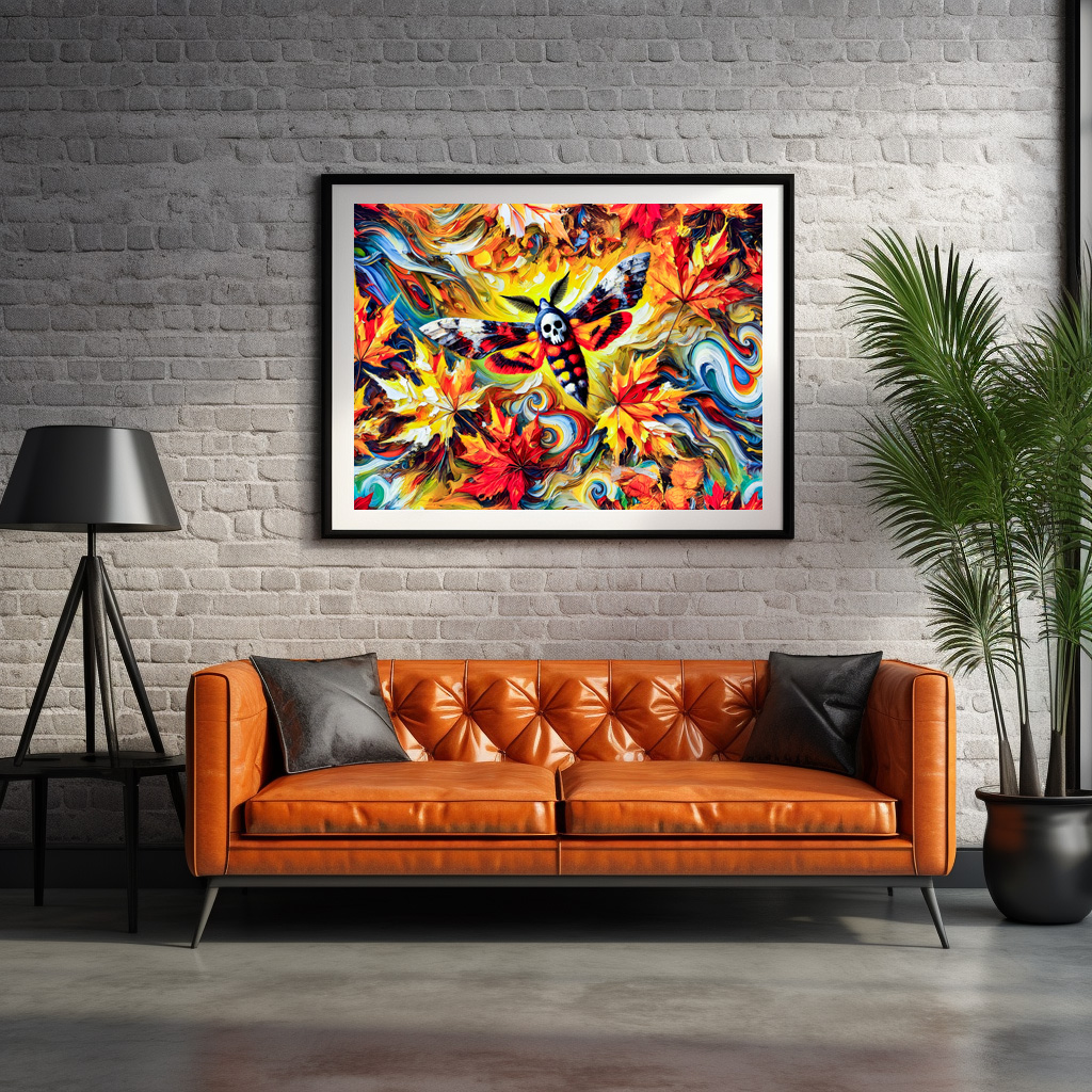 Poster: Deaths-head Hawk-Moth with Autumn Leaves in Oil Painting