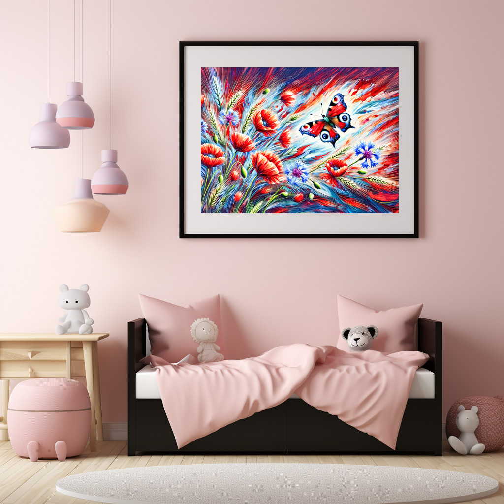 Poster: Peacock Butterfly with Poppies and Cornflowers in Oil Painting