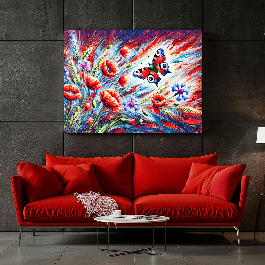 Poster: Peacock Butterfly with Poppies and Cornflowers in Oil Painting - immagine 2