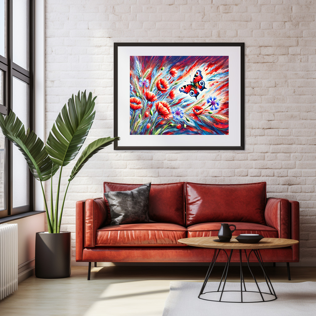 Poster: Peacock Butterfly with Poppies and Cornflowers in Oil Painting - immagine 3