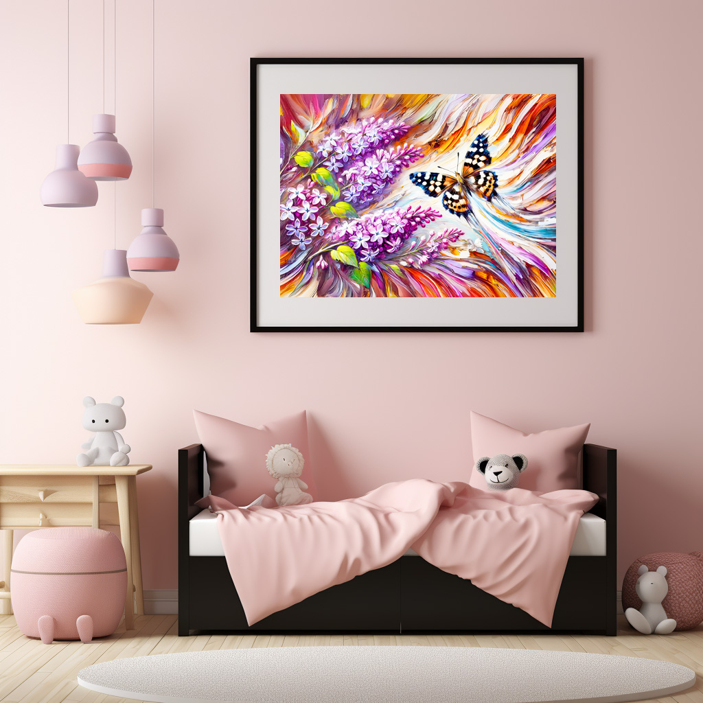 Poster: Speckled Wood Butterfly with Lilac in Oil Painting