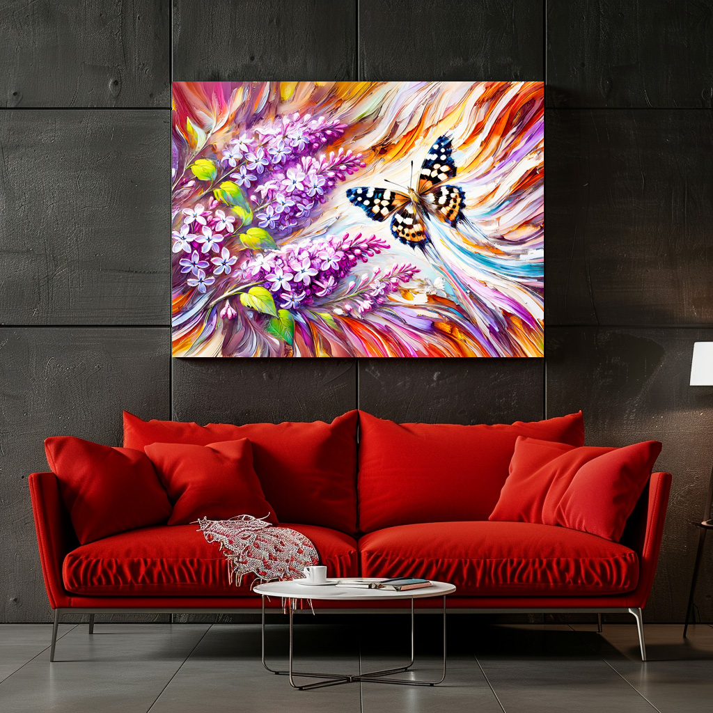 Poster: Speckled Wood Butterfly with Lilac in Oil Painting – Image 2