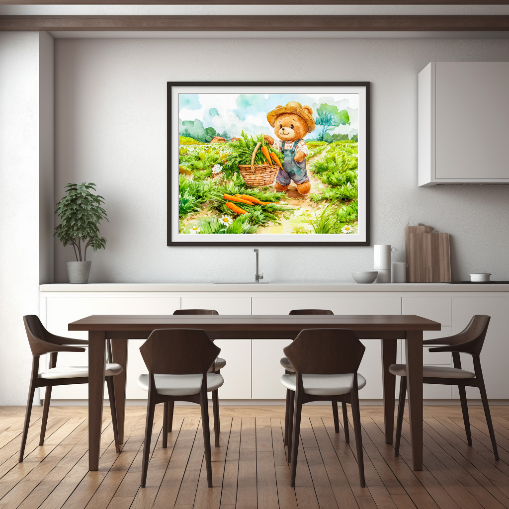 Poster: Teddy Bear Harvesting Carrots in a Field