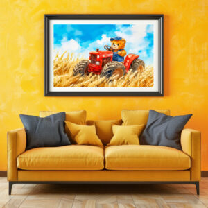 Poster: Teddy Bear Driving a Tractor in Wheat Field