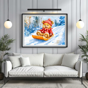 Poster: Teddy Bear Sledding Downhill in Winter