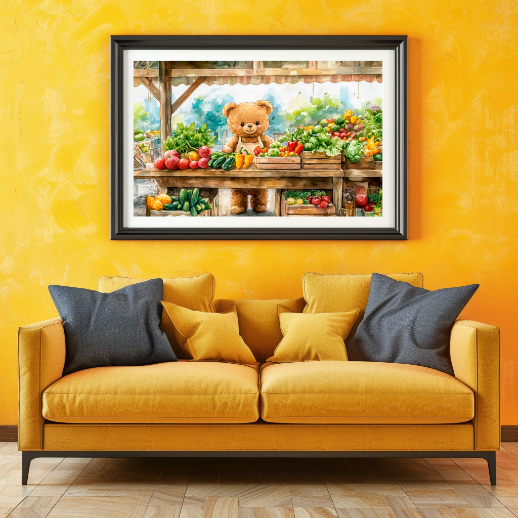 Poster: Teddy Bear Selling Fruit at Farmers Market