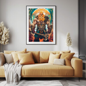 Poster: Vibrant Viking Warrior with Axe Norse Mythology Comic
