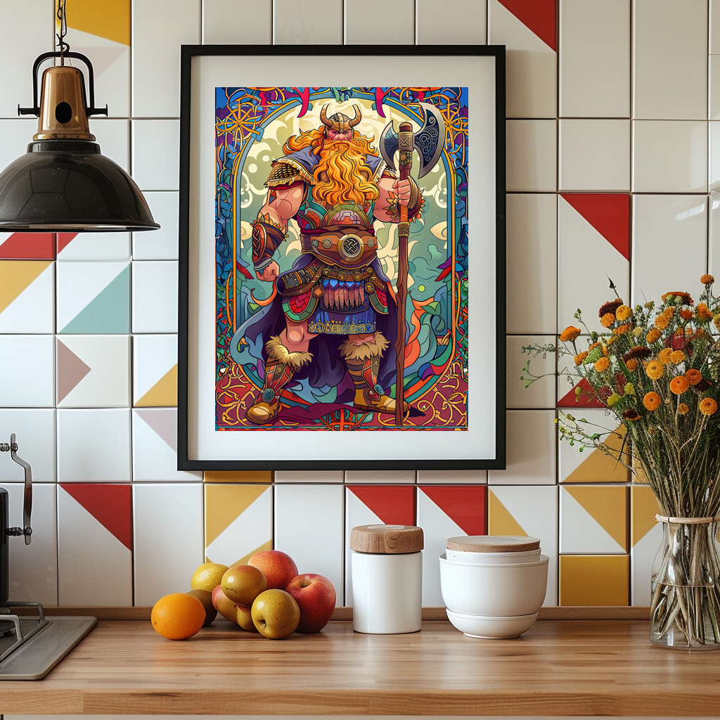 Poster: Viking Illustration Of Shieldmaiden Vow Beneath Thunderous Gray Skies