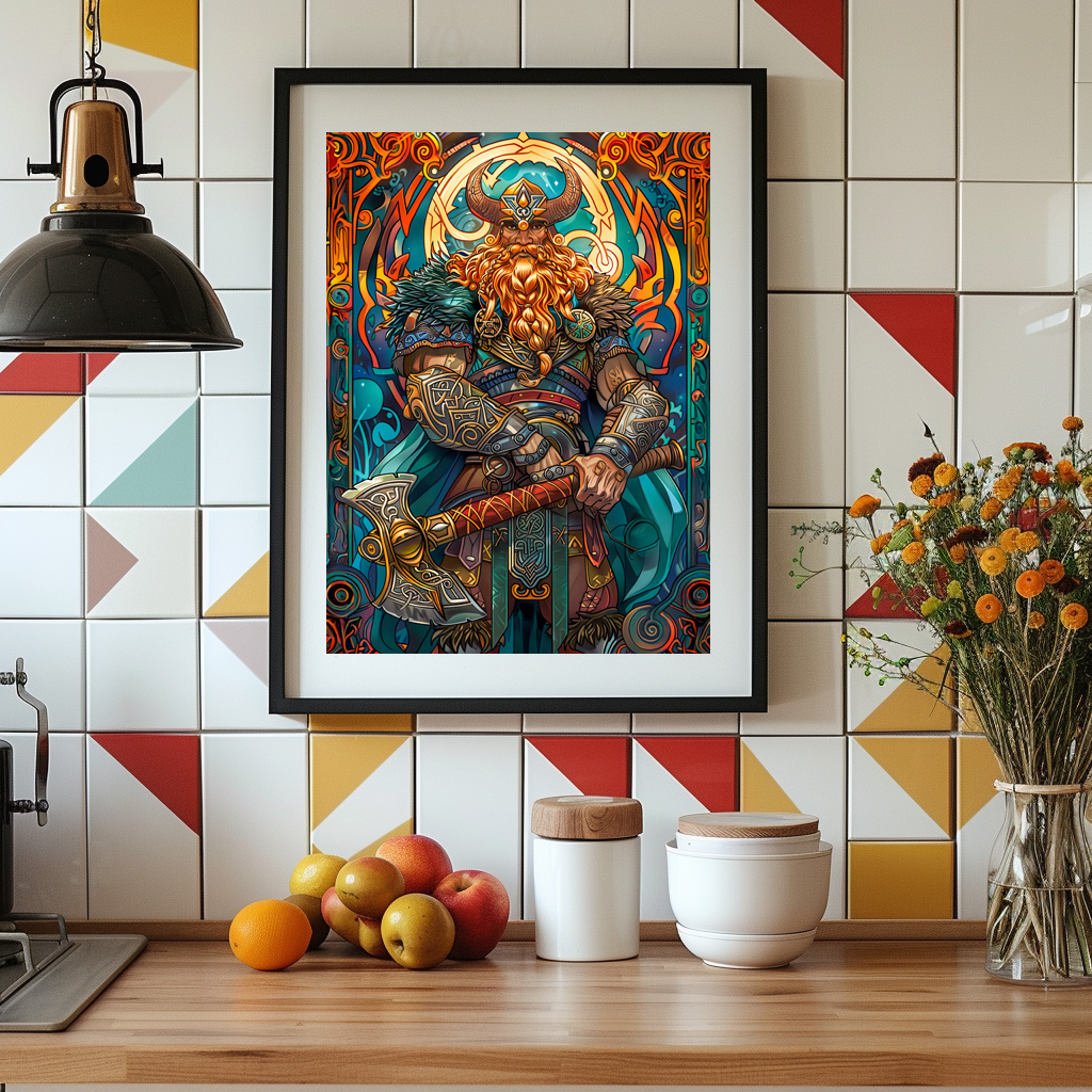Poster: Viking Illustration Of Nine Worlds Saga Through Cosmic Yggdrasil Realms