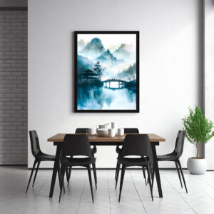 Poster: Mountain Landscape In China With Temple And Bridge In Blue‑Green Tones