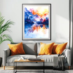 Poster: Mountain Landscape In China With Temple In Blue, Yellow And Red Tones