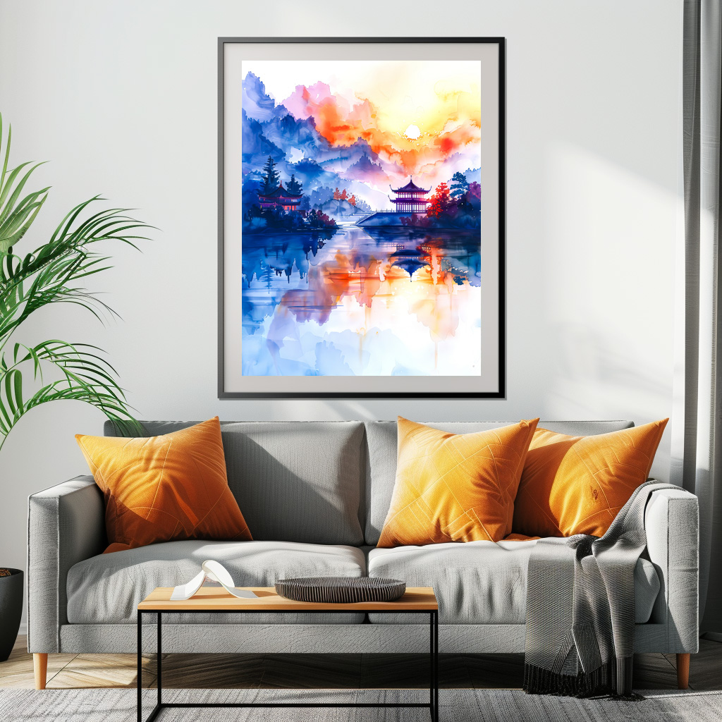 Poster: Mountain Landscape In China With Temple In Blue, Yellow And Red Tones