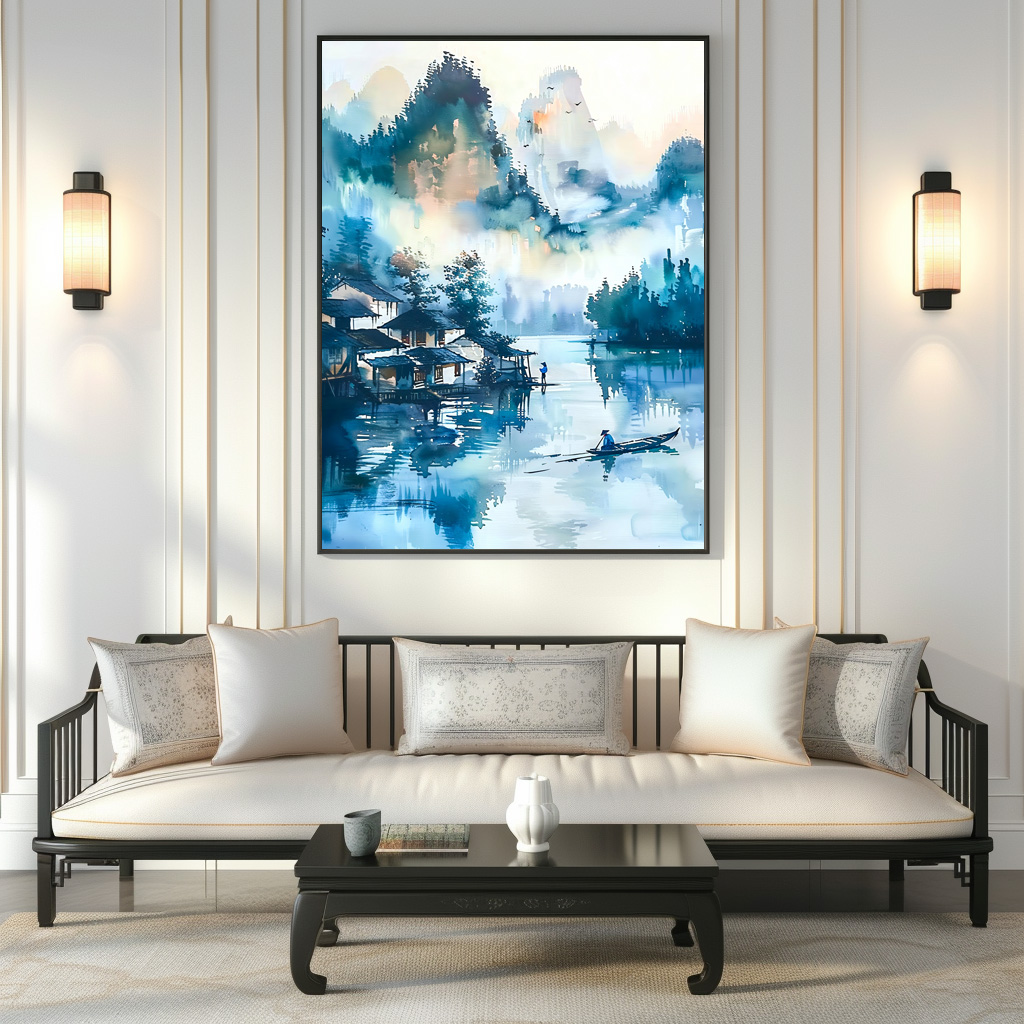 Poster: Mountain Landscape With Lakeside Village And Fisher Boat In Blue‑Orange Palette – Bild 2
