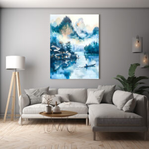 Poster: Mountain Landscape With Lakeside Village And Fisher Boat In Blue‑Orange Palette