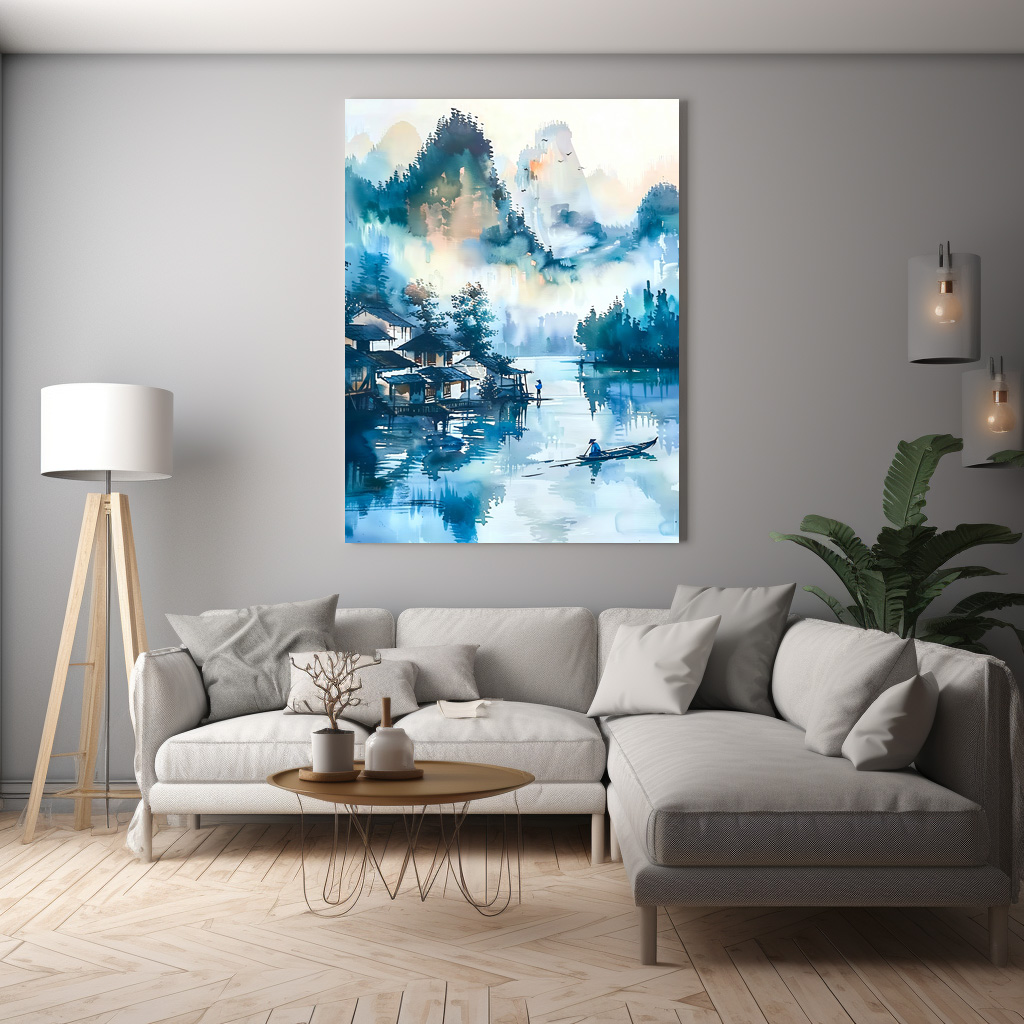 Poster: Mountain Landscape With Lakeside Village And Fisher Boat In Blue‑Orange Palette