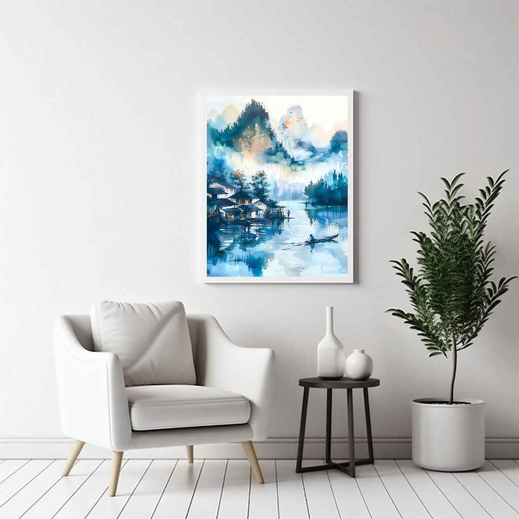 Poster: Mountain Landscape With Lakeside Village And Fisher Boat In Blue‑Orange Palette – Bild 3