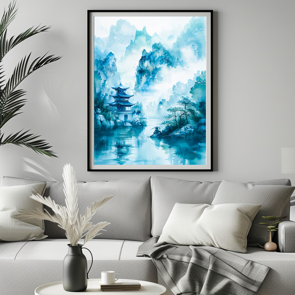 Poster: Pagoda At Riverbank In Chinese Mountains With Blue‑Turquoise Palette – Bild 2
