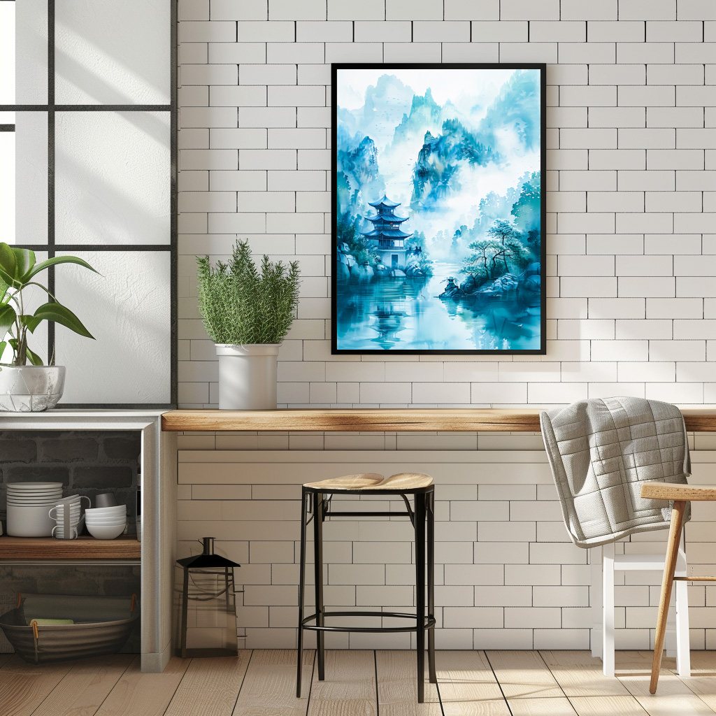 Poster: Pagoda At Riverbank In Chinese Mountains With Blue‑Turquoise Palette – Bild 3