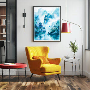 Poster: Pagoda At Riverbank In Chinese Mountains With Blue‑Turquoise Palette