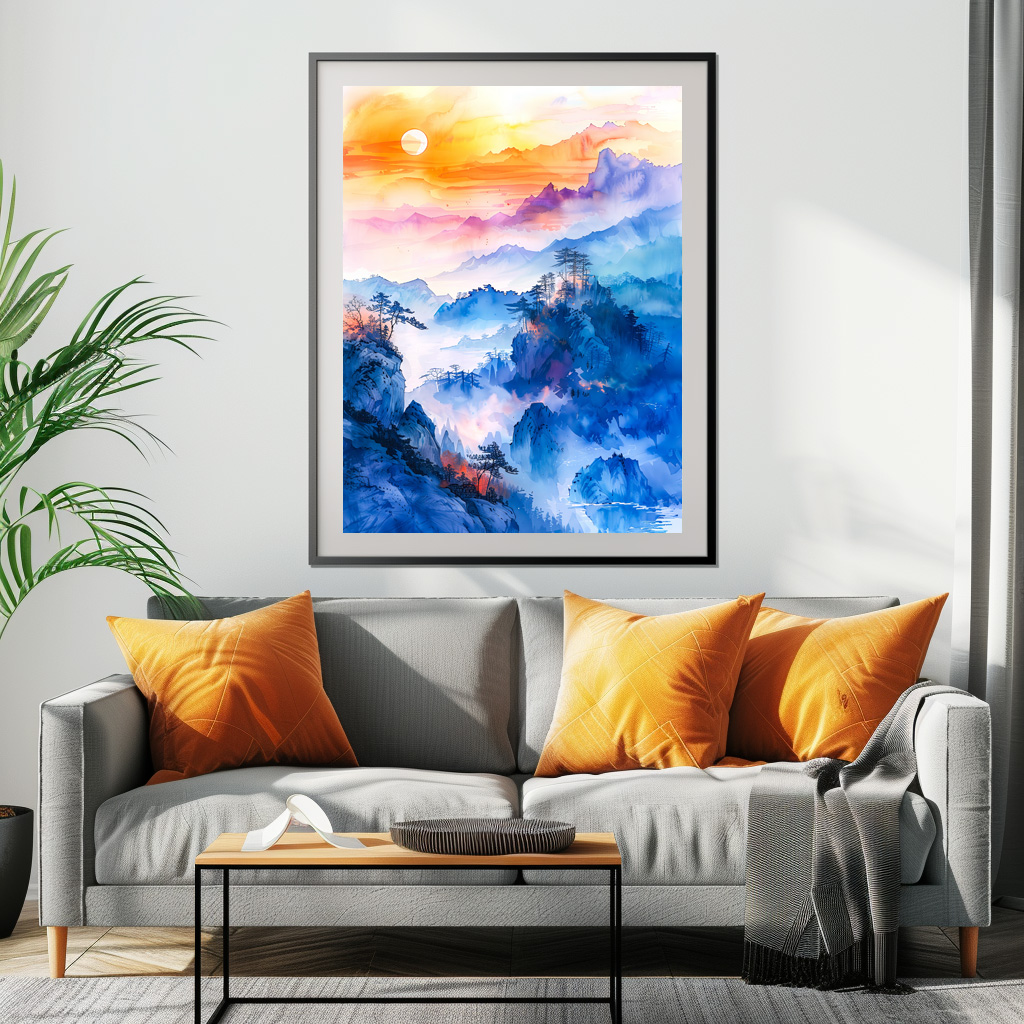 Poster: Mountain Landscape At Sunrise In Blue, Purple, Orange And Yellow Chinese Ink - immagine 2