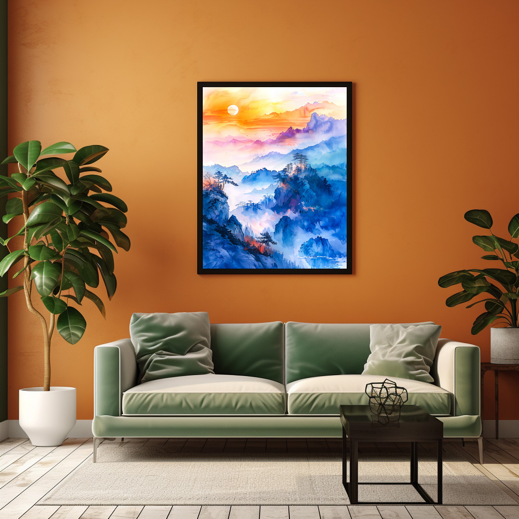Poster: Mountain Landscape At Sunrise In Blue, Purple, Orange And Yellow Chinese Ink