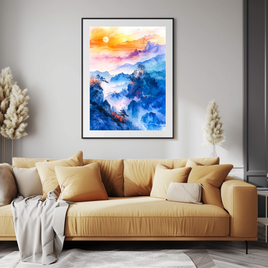 Poster: Mountain Landscape At Sunrise In Blue, Purple, Orange And Yellow Chinese Ink - immagine 3