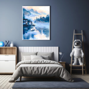 Poster: Lakeside Mountain Village With Quiet Fisher Boat In Blue‑Orange Chinese Ink