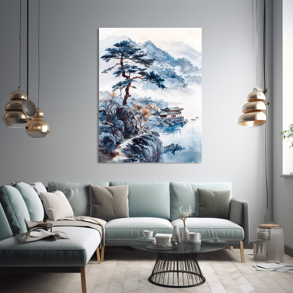 Poster: Pine At Lakeshore With Distant Temple And Mountain Silhouette In Chinese Ink - immagine 2