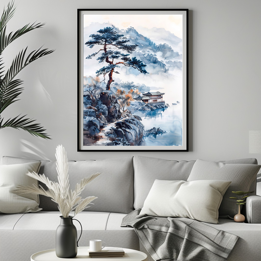 Poster: Pine At Lakeshore With Distant Temple And Mountain Silhouette In Chinese Ink