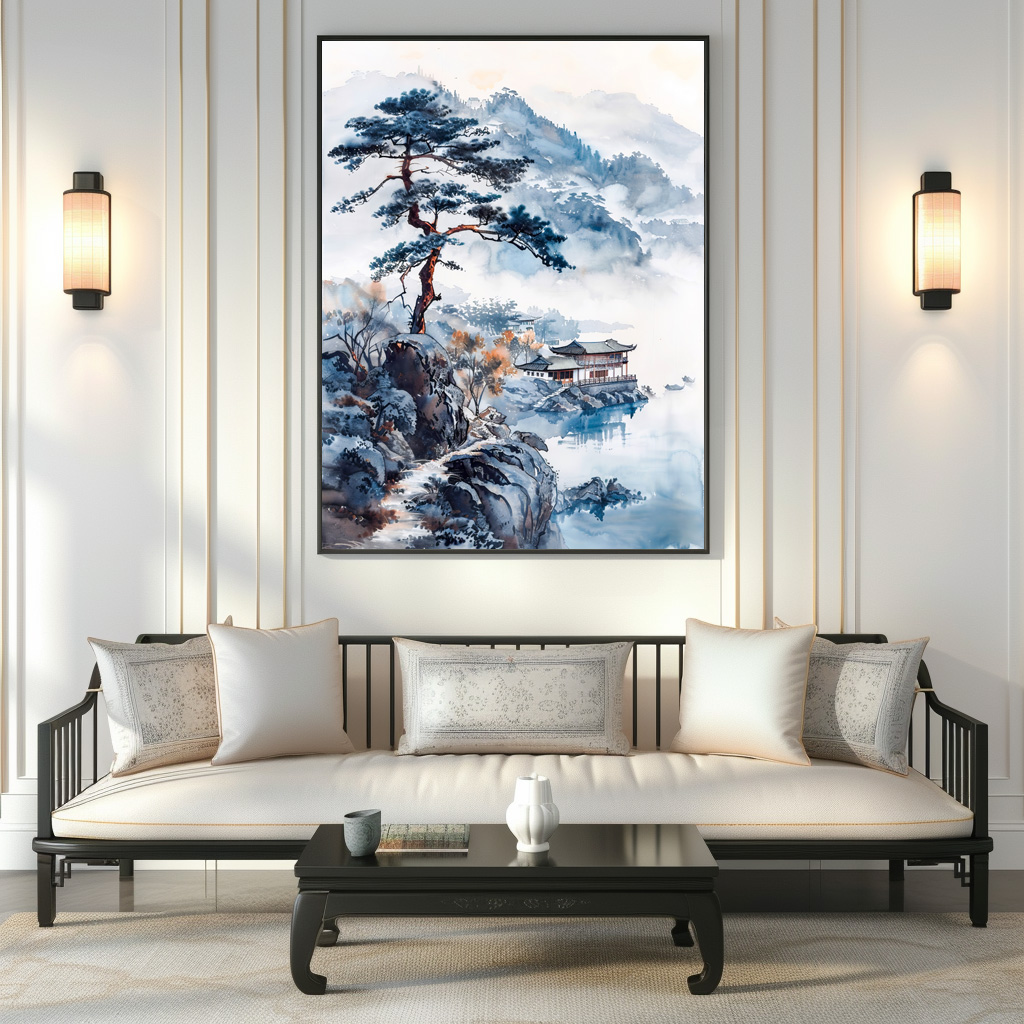 Poster: Pine At Lakeshore With Distant Temple And Mountain Silhouette In Chinese Ink - immagine 3