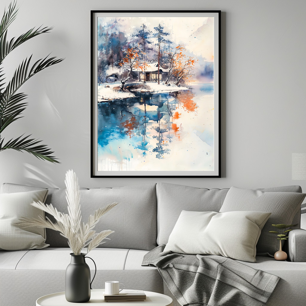 Poster: Temple At Autumn Lakeshore In Mountain Landscape With Chinese Ink Style – Bild 3