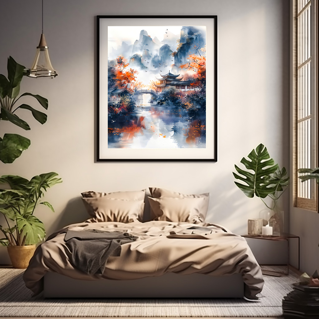 Poster: Autumn Trees By Lakeshore With Temple Bridge In Chinese Ink Style - immagine 2