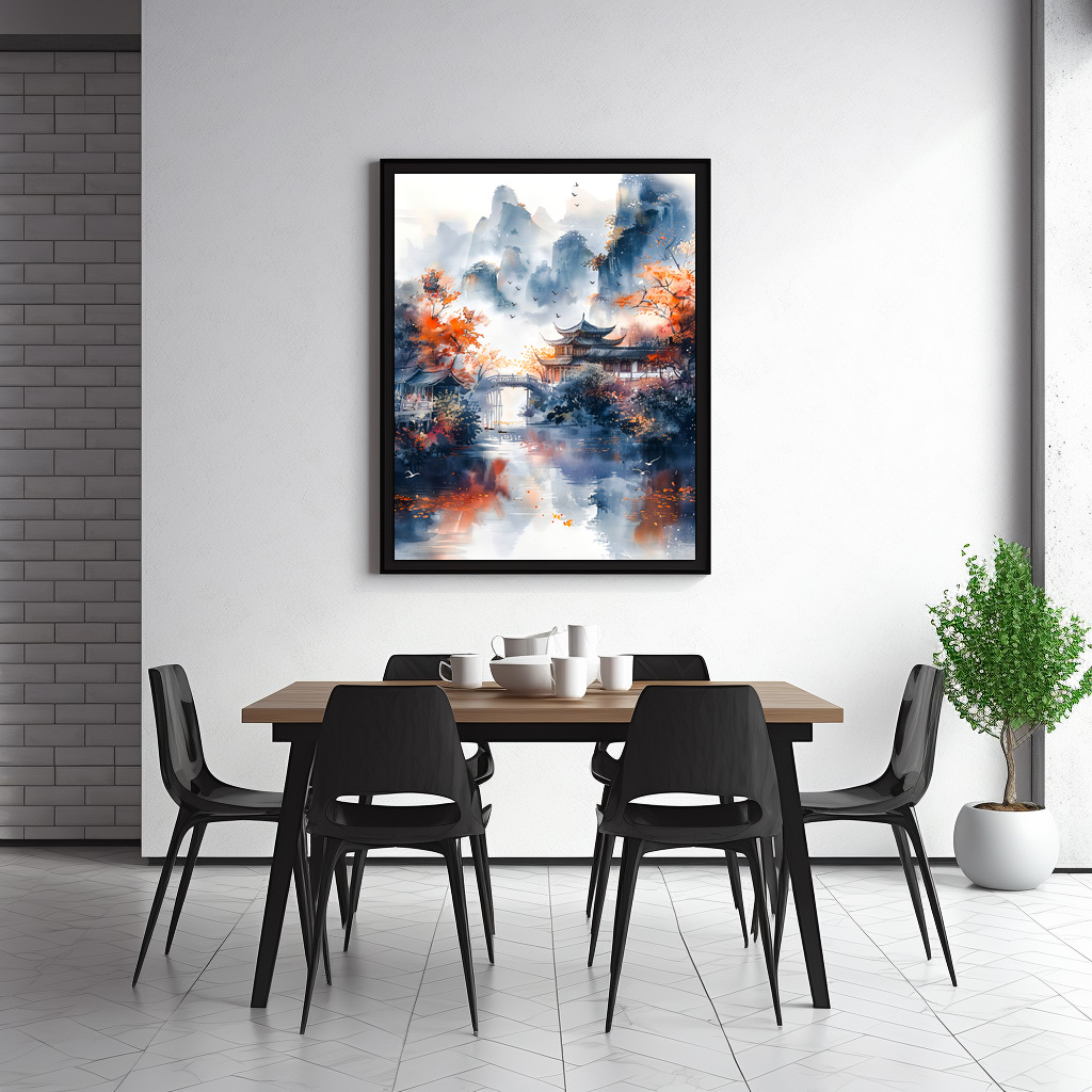 Poster: Autumn Trees By Lakeshore With Temple Bridge In Chinese Ink Style - immagine 3