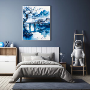 Poster: Large Cherry Tree At Riverbank With Temple Bridge And Mountain Panorama In Chinese Ink