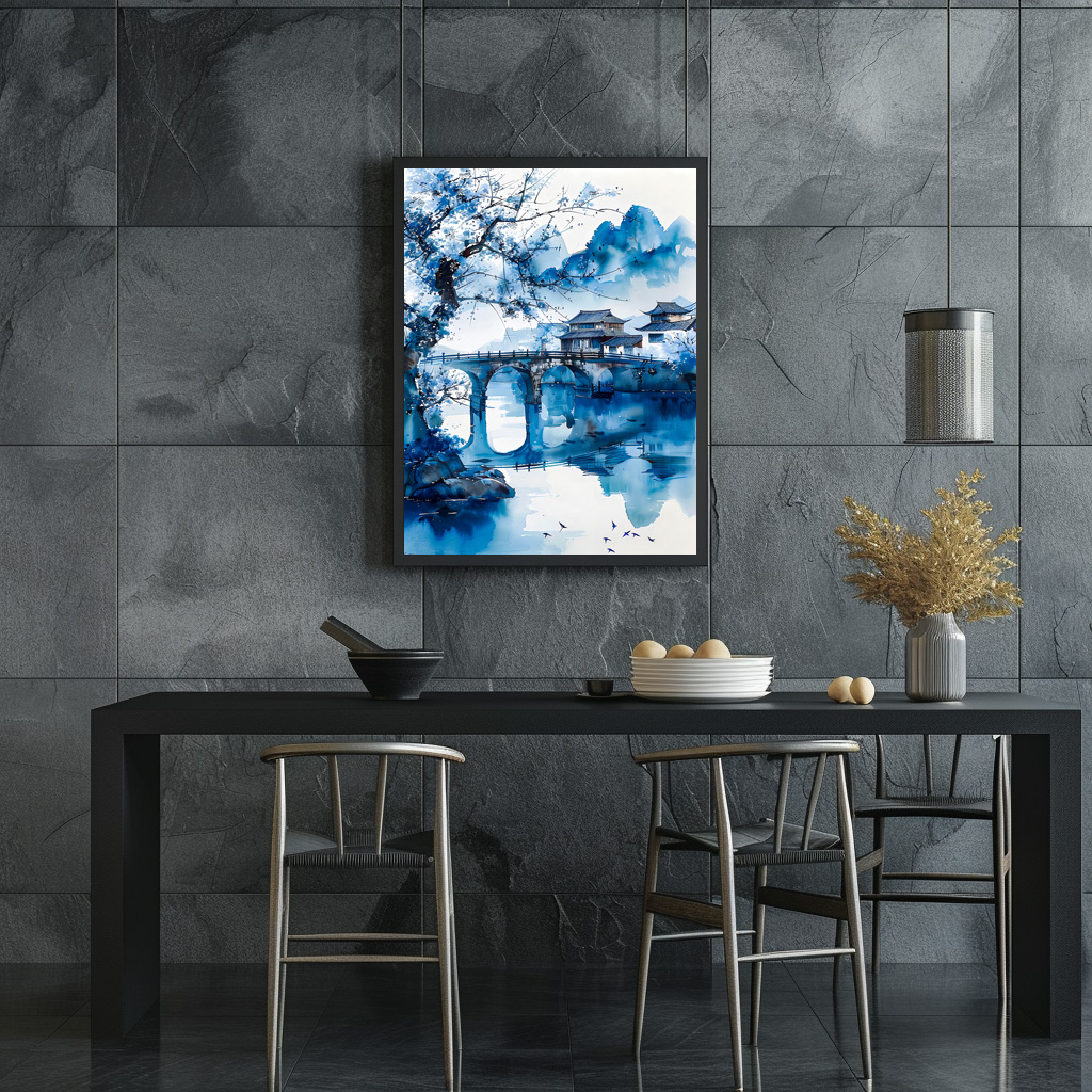 Poster: Large Cherry Tree At Riverbank With Temple Bridge And Mountain Panorama In Chinese Ink – Bild 3