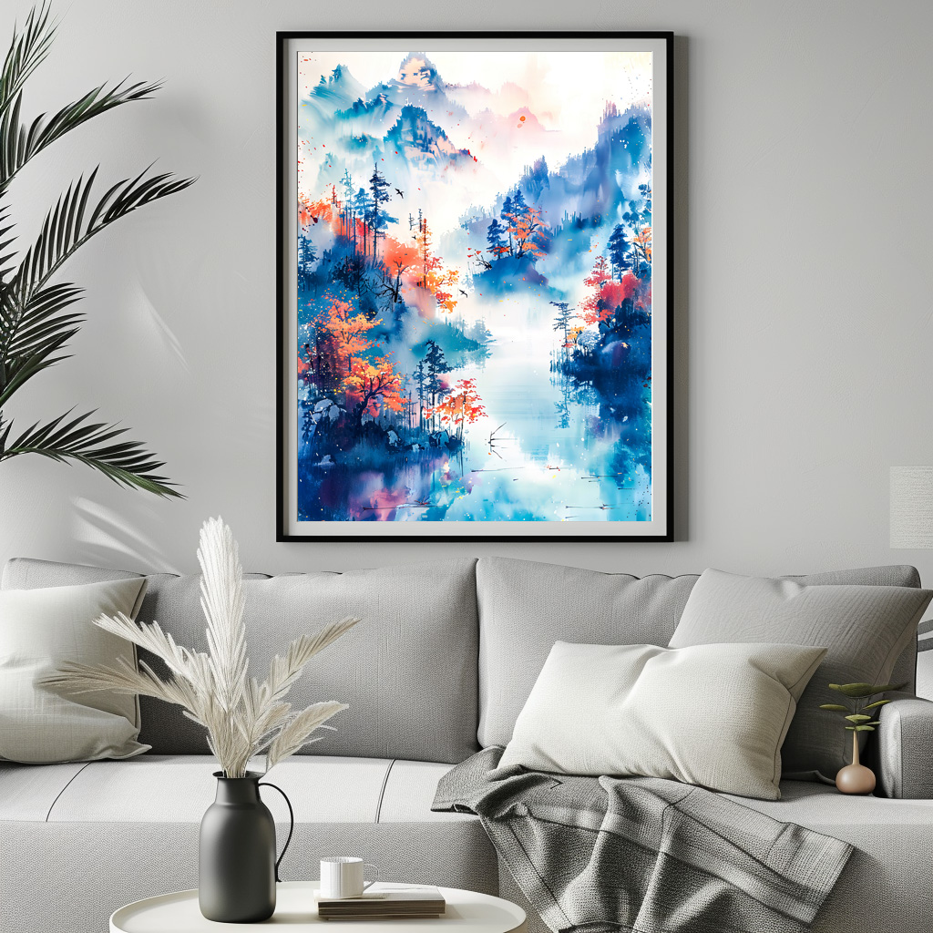Poster: Autumn Landscape With Colorful Trees, River And Misty Mountain Panorama In Chinese Ink – Bild 2