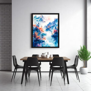 Poster: Autumn Landscape With Colorful Trees, River And Misty Mountain Panorama In Chinese Ink